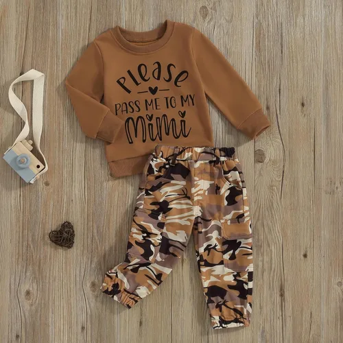 Miniatura 111 de Mandizy Conjunto de ropa de otoño para bebé niña pequeña, sudadera de manga larga con estampado de letras bendecidas, pantalones de camuflaje