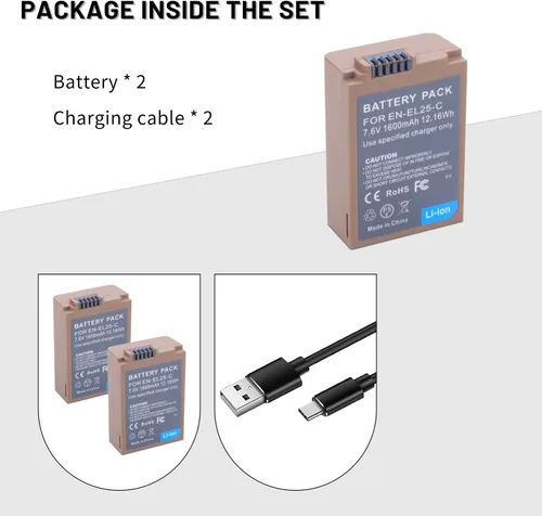 Miniatura 4 de Paquete de 2 baterías de repuesto EN-EL25 EN-EL25a con puerto de carga rápida USB-C compatible con cámara Nikon ZFC / Z30 / Z50, cargador MH-32