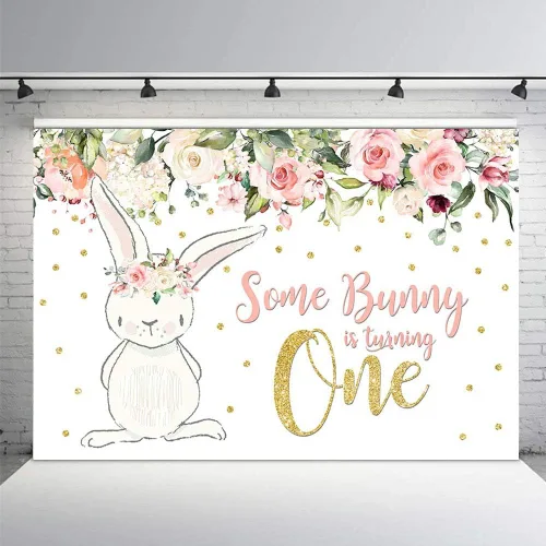 Miniatura 4 de MEHOFOTO - Telón de fondo para fiesta de cumpleaños de 8 x 6 pies, diseño floral rosa con purpurina dorada con texto en inglés "Some Bunny One Girl
