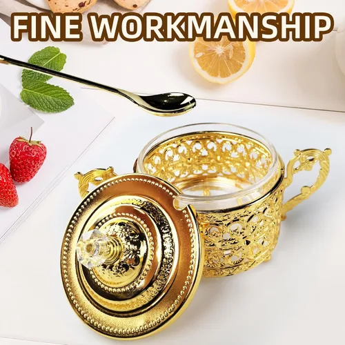 Miniatura 2 de Flylin Azucarero, azucarero turco con tapa y cuchara para galletas de caramelo, miel, tarro de condimentos de vidrio vintage dorado para el hogar y 4