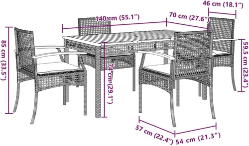 Miniatura 8 de 5-Piece Patio Dining Set Outdoor Furniture Grey Synthetic PE Rattan Modern Design for Garden, Balcony, and Porch
