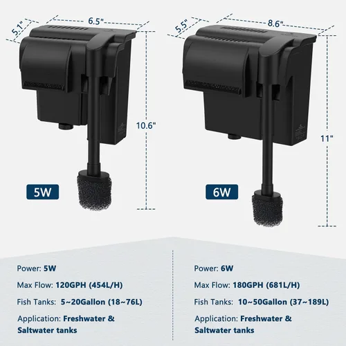 Miniatura 7 de fishkeeper Filtro de acuario ultra silencioso de 5 W 120 GPH para colgar en la parte posterior, filtro bioquímico de 4 etapas para tanque de peces