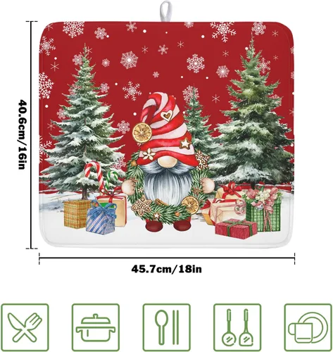 Miniatura 2 de Kawani Tapete de secado de platos de gnomo de Navidad para encimera de cocina, gnomos de Navidad, copos de nieve, almohadilla de secado de platos