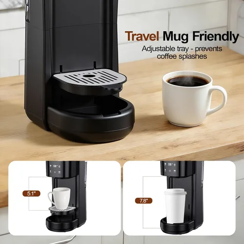 Miniatura 4 de Cafetera de una sola porción todo en 1, apta para taza de viaje de 7.8 pulgadas, cafetera caliente y helada K Cup con 5 tamaños de preparación