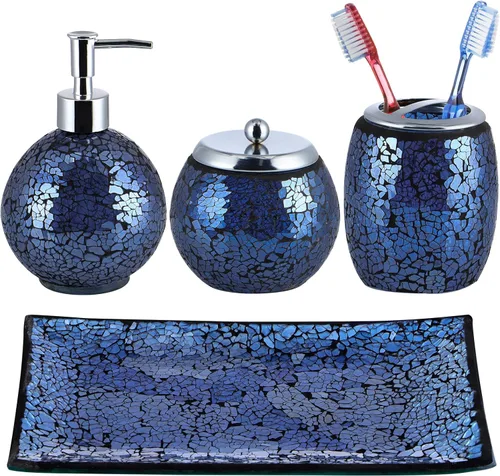 Juego de 4 accesorios de baño de vidrio mosaico, moderno y lujoso, incluye dispensador de jabón, tarro de hisopo de algodón, soporte para cepillo de