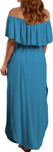 Miniatura 3 de VERABENDI - Vestido largo de verano de hombros descubiertos y con bolsillos para mujer, para la playa, uso casual, con volantes