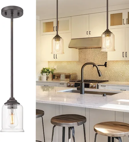 zeyu Lámpara colgante de estilo rústico, lámpara colgante de 1 luz para cocina y dormitorio, pantalla de vidrio transparente, acabado en bronce