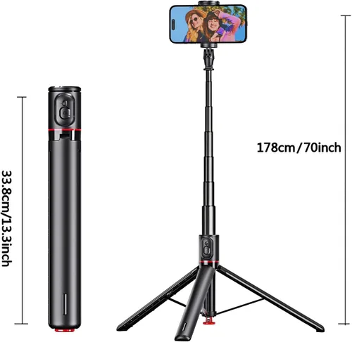 Miniatura 2 de Trípode para selfie de 70 pulgadas, color negro Un clic abierto, trípode de grabación de vídeo, varilla telescópica de aleación de aluminio