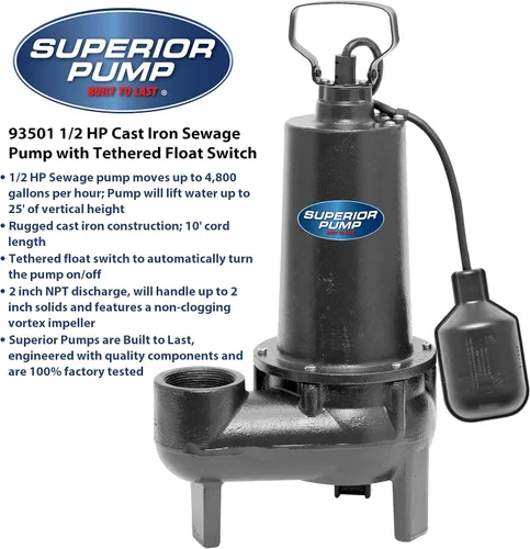 Miniatura 8 de Superior Pump 93015-U Bomba de aguas residuales de hierro fundido con interruptor flotante amarrado y kit de bacia, 1/2 HP, Negro