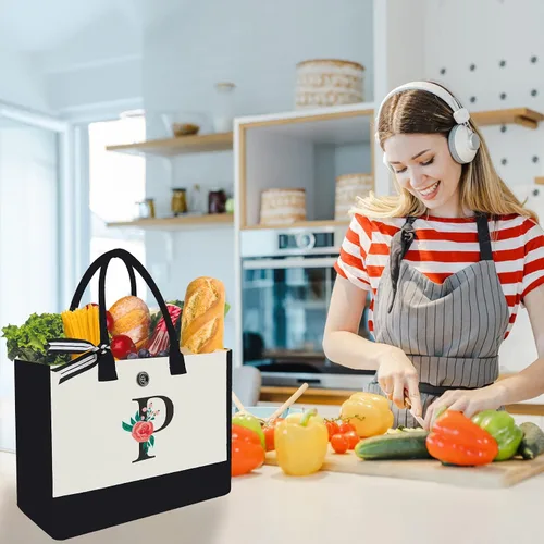 Miniatura 107 de Bolsa de lona con inicial, regalos de cumpleaños personalizados para mujeres, madres, amigas y profesoras, bolsas de mano con monograma adecuadas