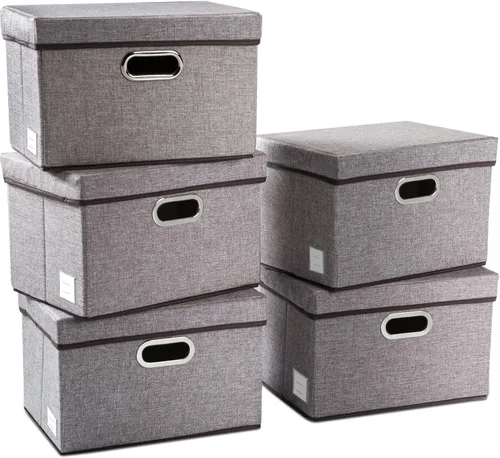 Miniatura 40 de PRANDOM Contenedor de almacenamiento plegable con tapa [1 unidad] Caja de almacenamiento decorativa de tela de lino, cesta organizadora con asas
