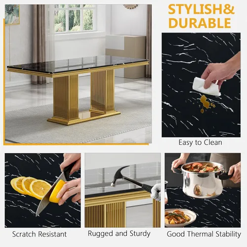 Miniatura 5 de Juego de mesa de comedor de mármol para 4, mesa de cocina rectangular de mármol negro de 68 pulgadas con base en H de acero inoxidable dorado, juego