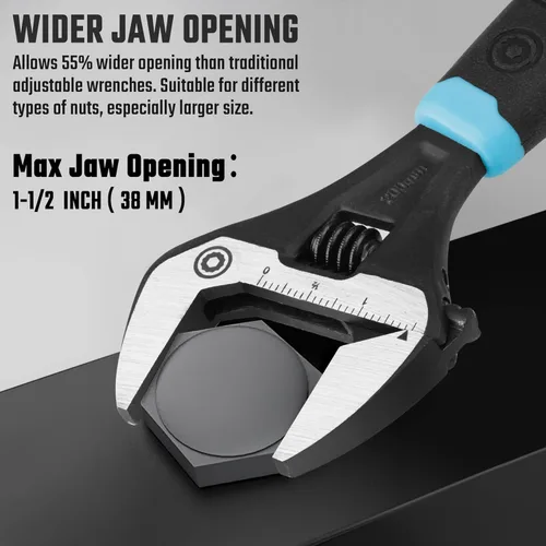 Miniatura 3 de DURATECH Llave ajustable de 8 pulgadas, llave de fontanería de apertura de mandíbula ancha, acero CR-V, SAE y escala métrica marcada, agarre Negro