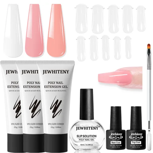 Miniatura 14 de JEWHITENY Set de uñas de gel de extensión de poligel transparente, blanco y rosa con capa base y capa superior para arte en dedos y manicura