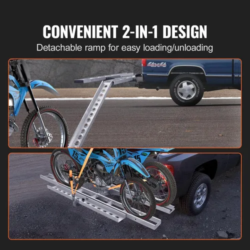 Miniatura 4 de VEVOR Portabicicletas, 2 bicicletas de 600 libras, soporte de enganche de motocicleta de aluminio, rampa de carga, transportador de remolque de moto