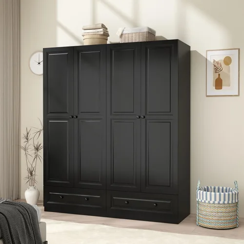Armario Armario con cajón: Armario de dormitorio para colgar ropa, armario de madera para ropa con puertas, Armario con estantes (negro, 63 pulgadas)