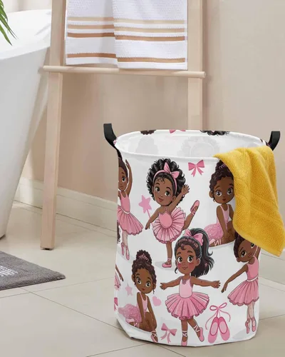 Miniatura 7 de Cesta de lavandería africana negra para bailar ballet, impermeable, plegable, falda rosa, lazo de estrella, bolsa de almacenamiento grande