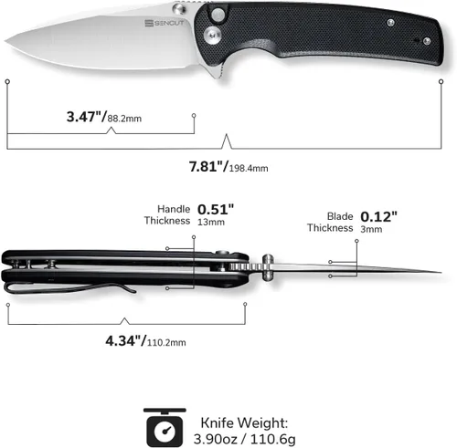 Miniatura 7 de Navaja de bolsillo plegable SENCUT Sachse para EDC, mango G10 negro satinado, hoja 9Cr18MoV de 9Cr18MoV plegable, navaja pequeña con clip, cierre
