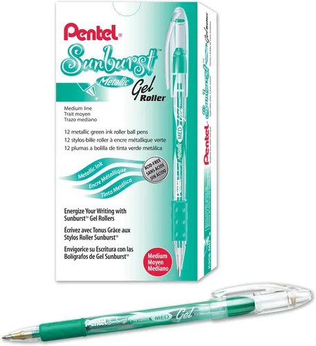 Miniatura 9 de Pentel Sunburst - Bolígrafo de gel metálico, punta media, barril dorado/transparente, tinta dorada, caja de 12 unidades (K908-X)