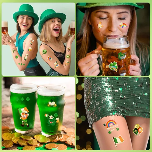 Miniatura 5 de 36 hojas de tatuajes temporales luminosos del día de San Patricio para mujeres, hombres y niños, trébol verde para el día de San Patricio tatuajes