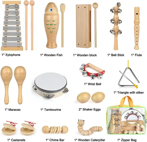 Miniatura 4 de Instrumentos musicales para niños, juegos de juguetes de percusión musical de madera 100% natural, 23 piezas de juguetes de pandereta y xilófono