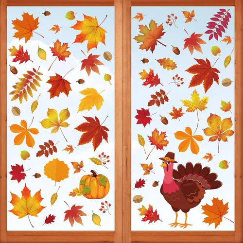 164 calcomanías de otoño para ventanas de vidrio, calcomanías de hojas de arce para ventana de otoño, decoración de otoño para Acción de Gracias,