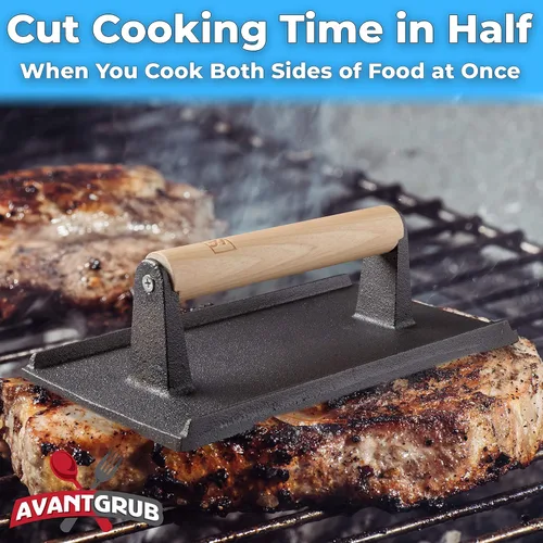 Miniatura 3 de Grado profesional, parrilla de hierro fundido pre-sazonado, peso 1 paquete. Prensa de carne y hamburguesa resistente con mango de madera