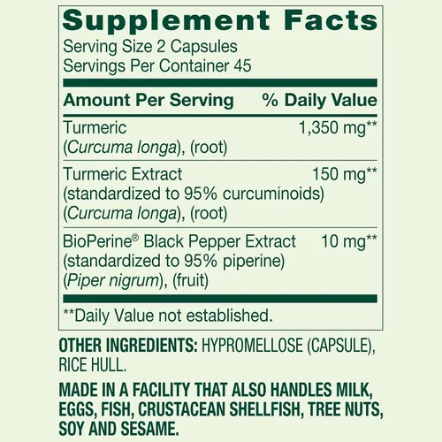 Miniatura 2 de Suplemento de curcumina de cúrcuma Spring Valley – Ultra Strength 1,500 mg, 90 cápsulas vegetarianas, apoya el bienestar articular y general