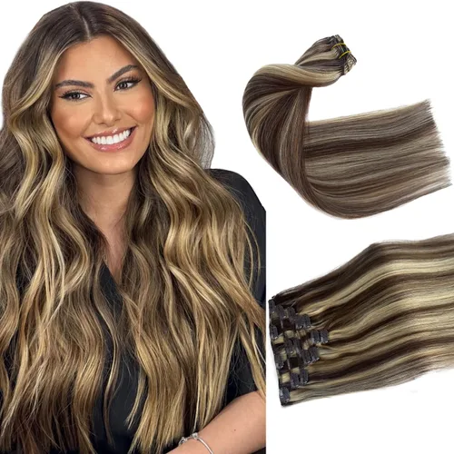 Miniatura 28 de Extensiones de cabello con clip sin costuras de cabello humano real, extensiones de cabello natural negro real con clip 7 piezas 100 g 36 cm