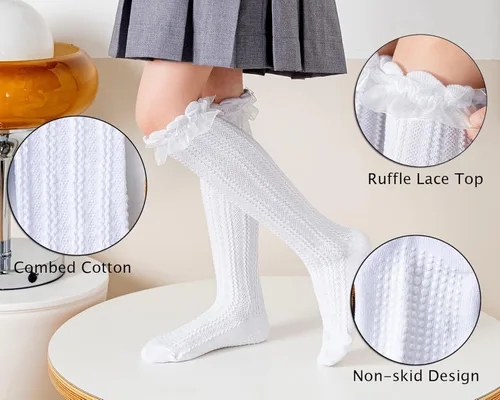 Miniatura 3 de Epeius - Calcetines altos de algodón para bebés y niñas de uniforme calcetas con vuelos Paquete de 3 o 5
