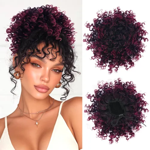 Miniatura 15 de PEACOCO Extensión de Cola de Caballo Corta y Rizada Moño Desordenado con Cordón Elástico Moño de Cabello Suelto para Mujeres con Cabello Delgado