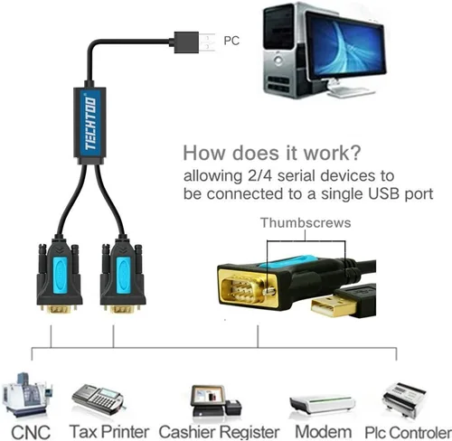 Miniatura 2 de TECHTOO Cable USB a RS232 de 2 puertos USB a RS232, adaptador serial DB9, convertidor de 9 pines macho a macho con tornillos de pulgar