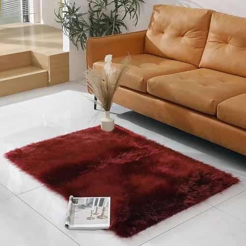 Miniatura 2 de linmopm Alfombra de piel sintética de piel de oveja, mullida y esponjosa, color rojo, de 3 x 4 pies, para dormitorio, mesita de noche, cama, sala