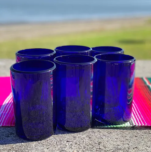 Miniatura 2 de Vasos mexicanos soplados a mano, juego de 6 vasos de agua de cobalto (14 onzas cada uno)