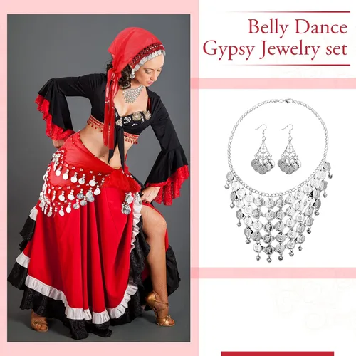 Miniatura 2 de Kigeli Disfraz gitano de 4 piezas para mujer, accesorios de adivinos, para Halloween, danza del vientre, bufanda de cadera, bufanda de cabeza gitana