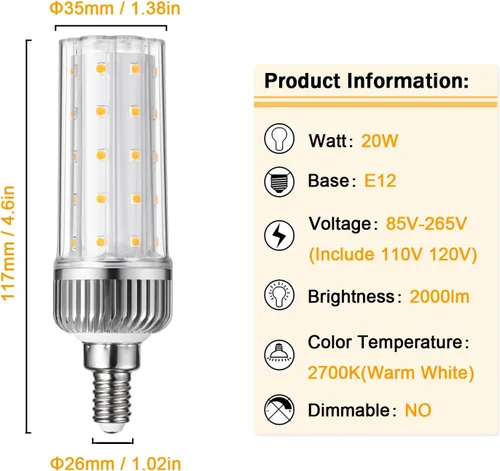 Miniatura 2 de Bombilla LED E12, bombillas LED de candelabro de 20 W, equivalente a 150 W, bombilla de araña blanca cálida de 2700 K, bombilla de ventilador
