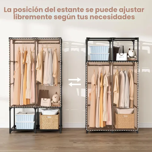 Miniatura 6 de Armario portátil para colgar ropa, armario portátil con tapa, 4 estantes de almacenamiento, 2 varillas para colgar y 8 bolsillos laterales, fácil