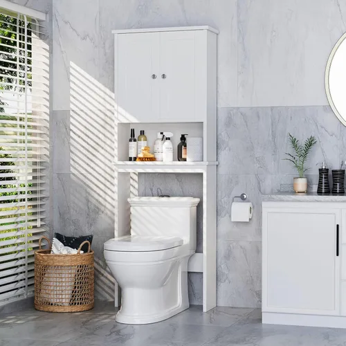 Miniatura 10 de Armario de almacenamiento sobre el inodoro para baño, organizador de almacenamiento sobre el inodoro, ahorro de espacio con puertas de vidrio Blanco
