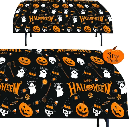 Miniatura 3 de AnapoliZ Mantel de plástico de Halloween Paquete de 3 piezas (54 x 102 pies) Mantel rectangular Calabaza, decoración de brujas Mantel
