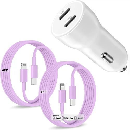 Miniatura 15 de Cargador de coche para iPhone 17 16 15 de carga rápida, cargador de coche USB C de doble puerto de 40 W con 2 cables USB C de 3 pies, adaptador