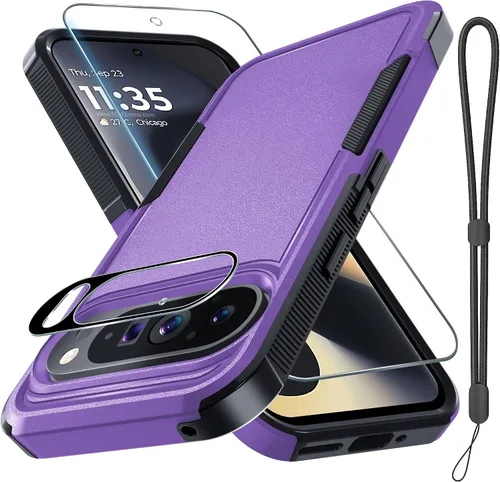 Miniatura 29 de Funda para Google Pixel 10 Pro XL con correa para la muñeca + protector de pantalla de vidrio templado + cubierta para lente de cámara, cuerpo Verde