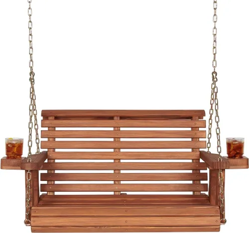 Miniatura 11 de Columpio Amish resistente para terraza (800 lb) con cadenas para colgar y posavasos Tinte negro semisólido