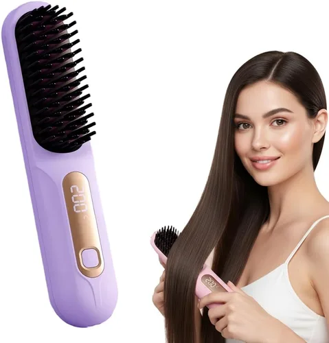 Miniatura 10 de Cepillo alisador portátil para viajes, mini cepillo alisador de pelo inalámbrico con pantalla LCD de temperatura, cepillo de pelo recargable USB