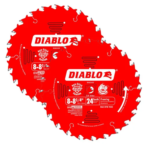 Freud D0824X Diablo - Hojas de sierra para enmarcar con corte fino ATB de 8-1/4 pulgadas, 24 dientes, paquete de 2