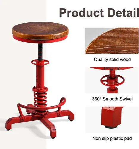 Miniatura 4 de Topower Industrial Retro Vintage Farm Asiento de madera Tractor Taburete Cocina Giratorio Altura Ajustable Taburete de bar Rojo Antiguo