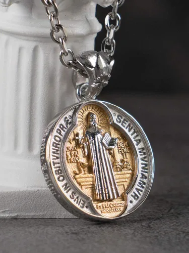 Miniatura 4 de Titanium Stainless Steel Cross Saint Benedict Medal Pendant Necklace for Men Women70cm Chain