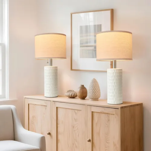 Miniatura 4 de Reaketon Juego de 2 lámparas de mesa modernas de cerámica de 20.5" para dormitorio, lámparas de mesita para repisas nocturnas con pantalla beige