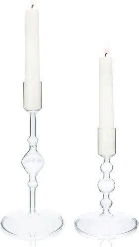 Juego de 2 portavelas de vidrio alto – Portavelas vintage para velas cónicas para mesa, elegante centro de mesa, decoración de bodas, eventos de