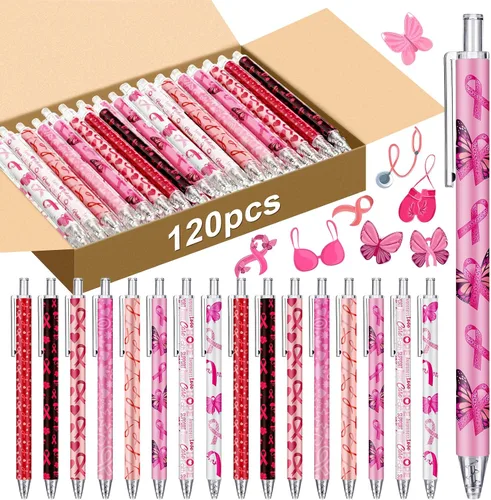 Leinuosen 120 piezas Plumas de concienciación sobre el cáncer de mama con cintas, plumas esferográficas, accesorios de concienciación sobre el