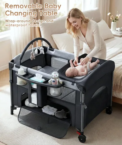 Miniatura 3 de Moisés de bebé 4 en 1 junto a la cama con configuración con una sola mano y colchón impermeable – Parque de juegos certificado por ASTM, corralito